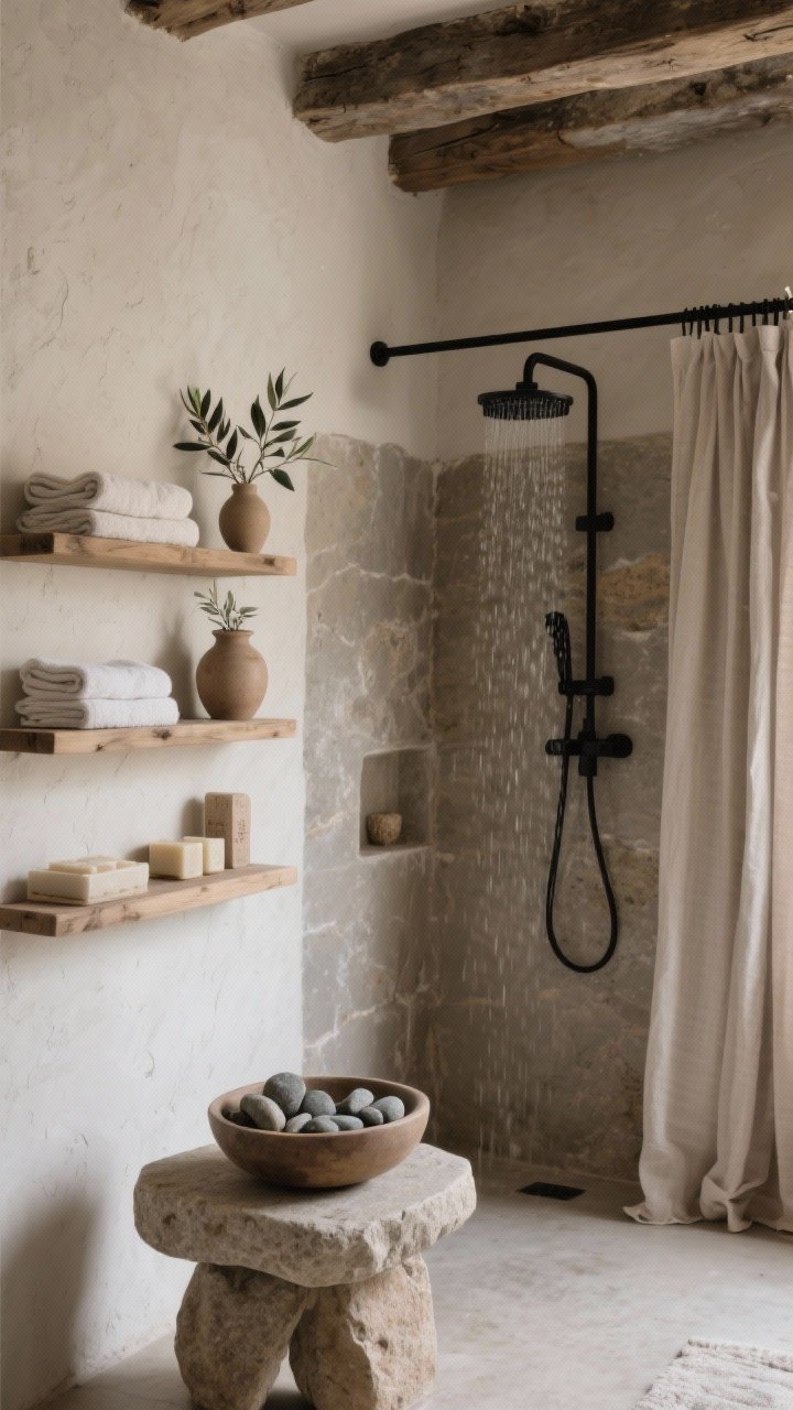 Photorealistic medium shot of a stone-cottage spa corner featuring chalky limewash walls in mushroom/putty tones, raw wood shelves with neatly folded linen towels and handmade soaps, and a stone stool holding a bowl of smooth river stones; a matte black rain shower with a simple ceiling-track curtain recedes in the background; textures emphasized: linen, stone, unglazed ceramic; include an earthen vase with olive branches; colors: mushroom, putty, soft charcoal, natural wood; soft, diffused, non-glossy lighting; slightly off-center composition.