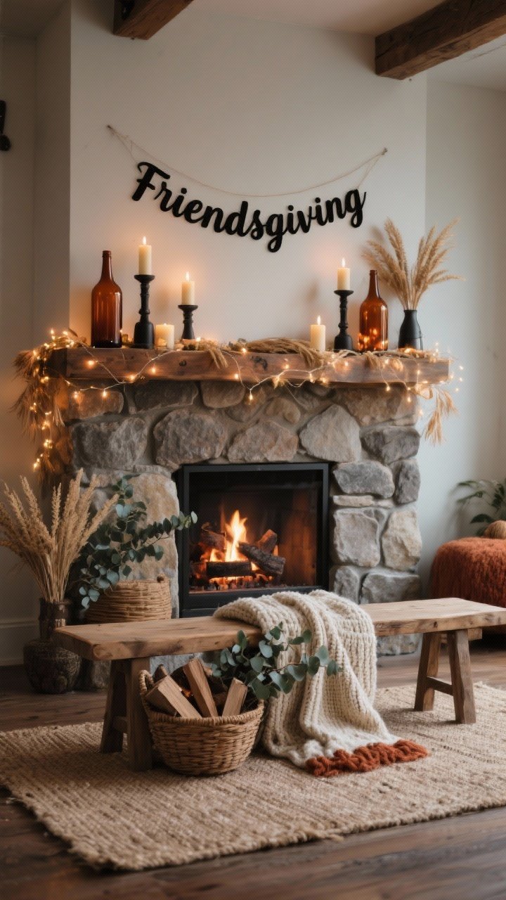 Photorealistic medium shot, straight-on: a rustic harvest hearth scene anchored by a stone or faux-stone fireplace, a neutral jute rug underfoot, and a low raw-edge wood bench in front used for styling; mantel layered with amber glass bottles and matte black candleholders holding rust and cream taper candles; a chunky knit throw draped over the bench; basket of firewood with eucalyptus branches tucked in; linen “Friendsgiving” banner with black lettering across the mantel; warm micro fairy lights wrapped around the mantel for flicker-lit glow; color palette of wheat, charcoal, rust, and cream; textures of stone, jute, wool, and unfinished wood; no people, cozy evening lighting
