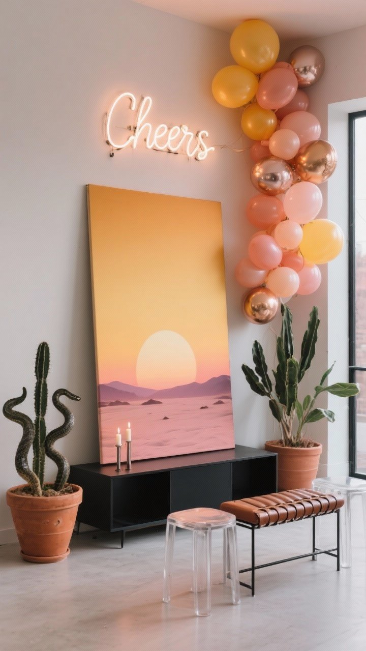 Photorealistic medium shot, straight-on: modern desert sunset wall featuring a freestanding sunset gradient panel (saffron melting into coral and dusty rose) leaned against a clean wall; balloon garland echoing the gradient with mostly matte balloons and a few metallics; terra-cotta planters with snake plants and cacti; a slim matte black console with minimalist taper candles; optional neon “Cheers” sign or simple wire script above; streamlined seating with acrylic stools or a bench with leather straps to keep focus on the backdrop; palette of saffron, coral, rose, terracotta, and matte black; textures of smooth latex, clay, and powder-coated metal; bright, even photo-ready lighting; no people