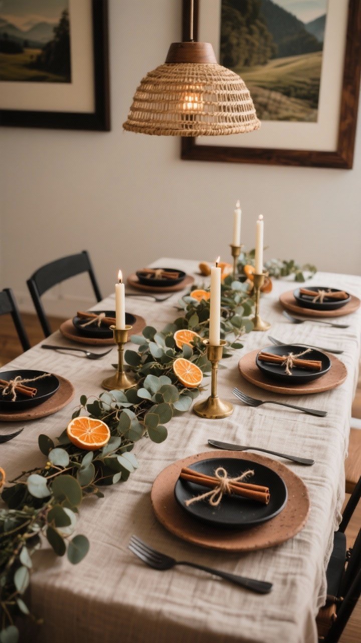 Photorealistic overhead tablescape detail: linen tablecloth in clay, layered stoneware plates, matte black flatware, linen napkins tied with twine and cinnamon sticks; loose garland of eucalyptus and dried orange slices weaving between brass candlesticks down the center; warm diffused light from a woven pendant above; edges show dark wood frames with landscape prints; palette of clay, cinnamon, sage, and matte black.