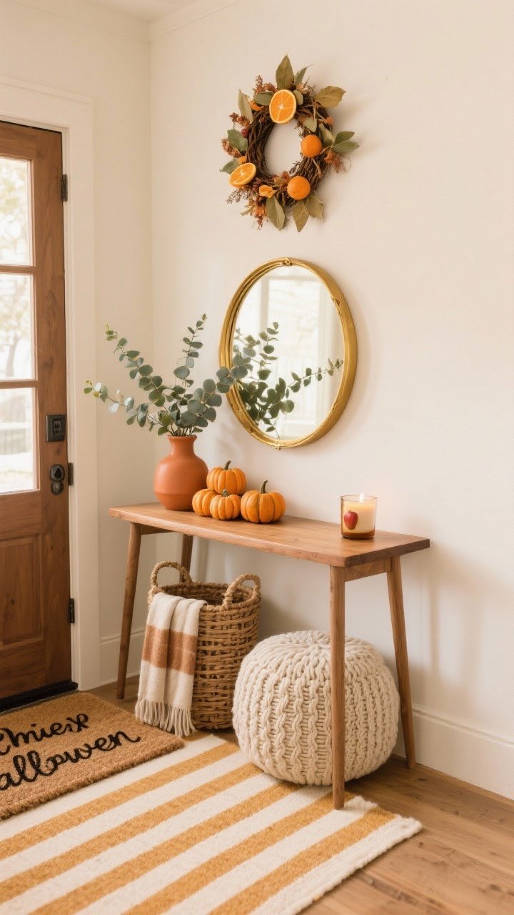 Photorealistic straight-on entryway medium shot: slim warm-wood console table topped with a round gold-framed mirror; woven basket underneath for scarves; chunky knit pouf beside it; tabletop styled with a terracotta vase of eucalyptus, a cluster of mini pumpkins, and an apple-cider-scented candle; coir doormat with a cheeky fall message, striped runner in honey and cream; seasonal wreath with dried oranges and bay leaves on the wall; soft gold, honey, cream tones.