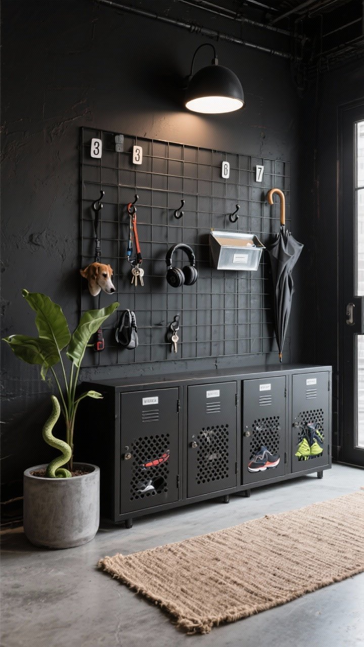 Photorealistic straight-on medium shot, Industrial mudroom wall: matte black metal grid panel spanning the entry wall with S-hooks organizing keys, dog leashes, and headphones; below, low locker-style cabinet with perforated doors hiding shoes and gym gear; rough jute runner on concrete or gray floor, concrete-look planter with tall snake plant; dome-shaped black sconce above the grid casting a focused spotlight; include numbered tags on hooks, galvanized tray for mail, and a charcoal umbrella; gritty urban mood, high contrast.