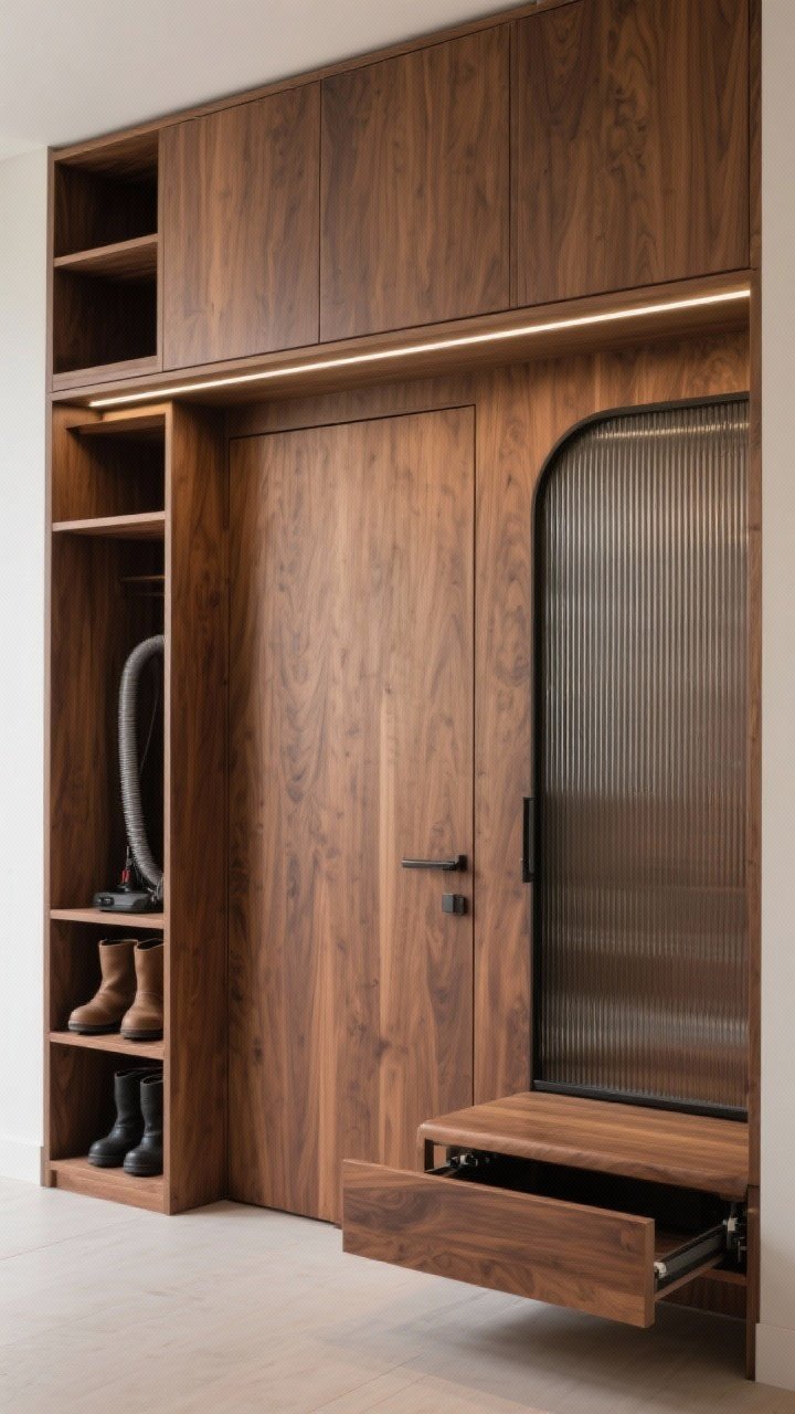 Photorealistic straight-on medium-wide, Micro studio built-in: floor-to-ceiling warm walnut cabinetry framing the door; slab fronts with discreet finger pulls; closed cabinets up top, open adjustable cubbies at eye level; a dedicated tall narrow cubby for boots and another for a slim vacuum; flip-down bench partially extended to show mechanism, then able to disappear; ribbed glass door front on one cabinet; slim LED under-shelf strip casting even task light; compact, architectural precision.