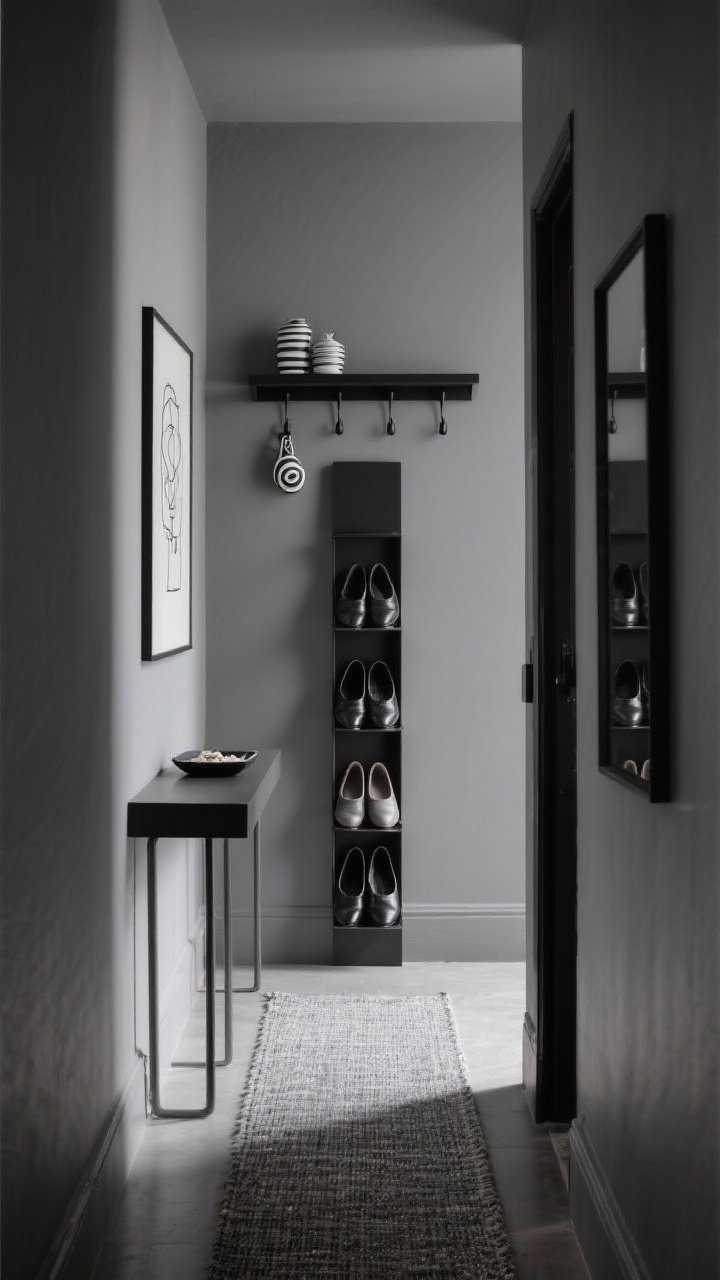 Photorealistic straight-on narrow entry shot, Minimal Monochrome: soft charcoal painted wall; sleek black shelf with integrated hooks holding a couple of monochrome items; super-slim vertical matte black shoe tower swallowing six pairs, blending into wall; a single framed black line drawing, graphite catchall tray on a slim console or ledge, salt-and-pepper tweed narrow runner; black-framed rectangular mirror; crisp, shadowed lighting for a gallery-like vibe.