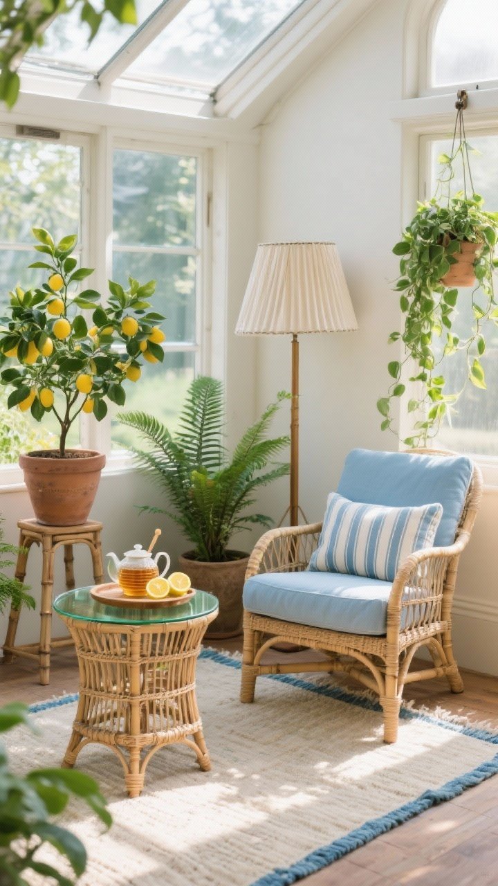 Photorealistic wide conservatory corner flooded with sun: a rattan lounge chair layered with striped ticking cushions in washed blue; a bamboo side table with a glass top styled with a teapot, honey dipper, and lemon slices on a wicker tray; clustered plants at multiple heights—lemon tree in a clay pot, fern on a plant stand, trailing pothos from a wall hook; a pleated linen floor lamp for evening softness; a flatweave rug with a faded blue border underfoot; palette of sun-bleached blue, cream, rattan, and leaf green; textures of rattan, linen, clay, and glass; straight-on view capturing airy, greenhouse light.