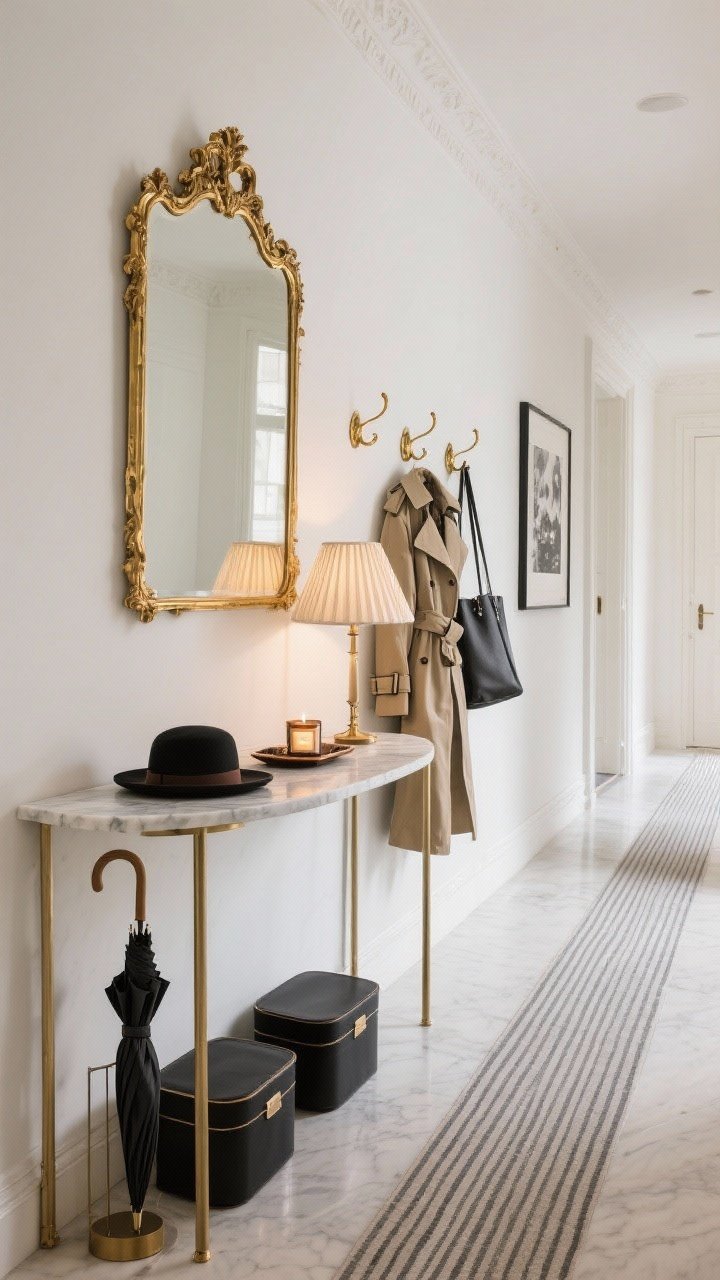 Photorealistic wide hallway scene, Parisian Petite elegance: narrow marble-topped console with slim brass legs, ornate vintage-style gilded gold mirror above; on console, leather valet tray, scented candle, petite lamp with pleated shade; underneath, two black hat boxes and a standing folded umbrella holder; adjacent wall with three petite brass hooks holding a trench coat and tote; add black-and-white art print and a slim striped runner; warm ambient lamp glow plus soft daylight, polished yet uncluttered look.