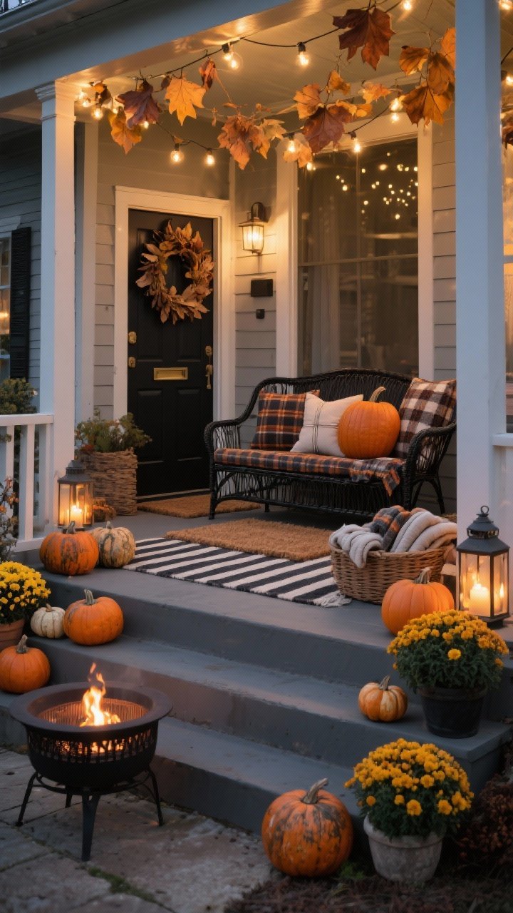 Photorealistic wide porch evening scene: black metal bench (or rattan loveseat) layered with plaid blankets and oversized pumpkin pillows; steps lined with heirloom pumpkins, lanterns, and potted mums; warm string lights hanging overhead; wreath of dried leaves on the door; natural coir doormat layered over a striped outdoor rug; small fire bowl/tabletop heater glowing; basket with rolled throws for guests; palette of charcoal, pumpkin, marigold, and evergreen.