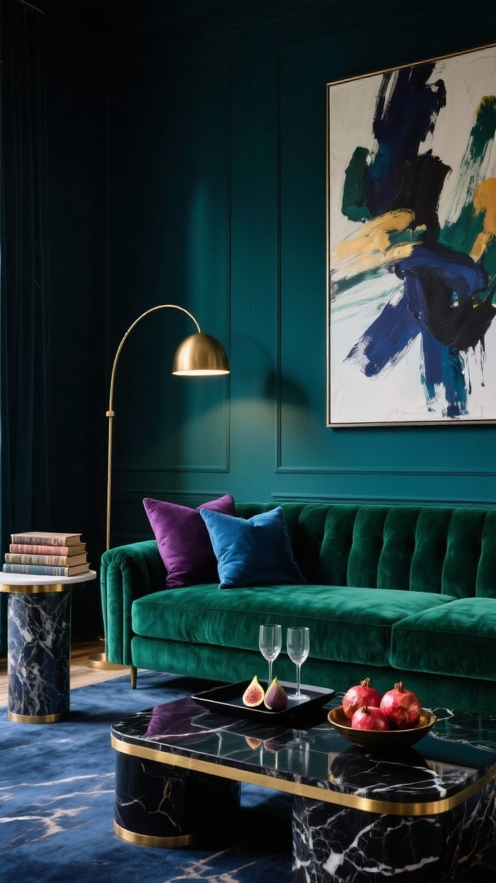 Photorealistic wide room shot from a slight corner angle: moody jewel-tone lounge featuring a navy or forest green accent wall, an emerald velvet low-profile sofa, and a brass arc floor lamp casting a soft pool of light; plum and sapphire pillows, a marbled side table with gold trim, glossy black tray with coupe glasses and fresh figs; a large abstract art piece with bold brushstrokes anchoring the wall; stack of vintage books and a bowl of pomegranates on the coffee table; rich velvet, lacquer, marble, and silk textures; color palette of emerald, plum, sapphire, and brass; dim, dramatic ambient lighting emphasizing saturated tones; no people