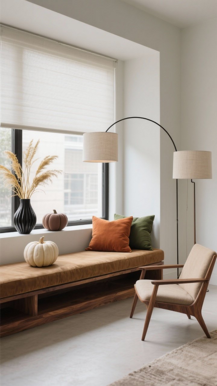 Photorealistic wide room shot from a slight corner angle of a modern minimalist bay window lounge: low-profile walnut bench inset into the bay with a camel suede cushion, pillows in solid terracotta, eucalyptus green, and a graphite lumbar for balance; clean-lined solar shades softly diffusing light; a mid-century accent chair with angular legs and sand upholstery nearby; a slim arc floor lamp with a linen drum shade arcing over the scene; on the sill, three matte ceramic pumpkins in gradient neutrals—bone, clay, and chocolate; one sculptural black metal vase with golden branches or dried miscanthus; quiet, architectural mood with warm maple tones, even natural light, no clutter, no people.