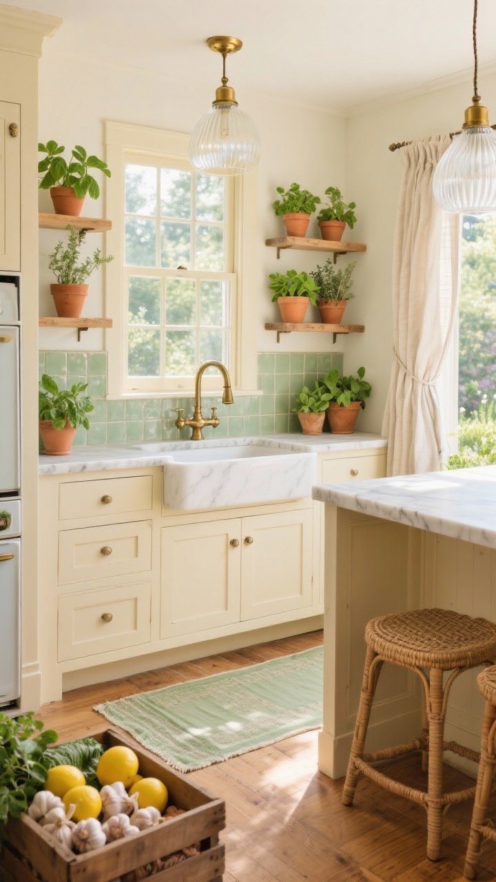 Photorealistic wide room shot of a sunlit herb garden nook kitchen: buttery cream cabinets with a farmhouse sink and an aged-brass bridge faucet centered under three window shelves holding terracotta pots of basil, thyme, and mint; soft sage hand-glazed tile backsplash reflecting morning light; narrow marble-topped island with cane-back counter stools; linen cafe curtains; fluted glass pendants with brass caps; vintage runner in faded greens on warm wood floors; a wooden produce crate filled with lemons and garlic. Airy, fresh, and bright, early-morning natural light.