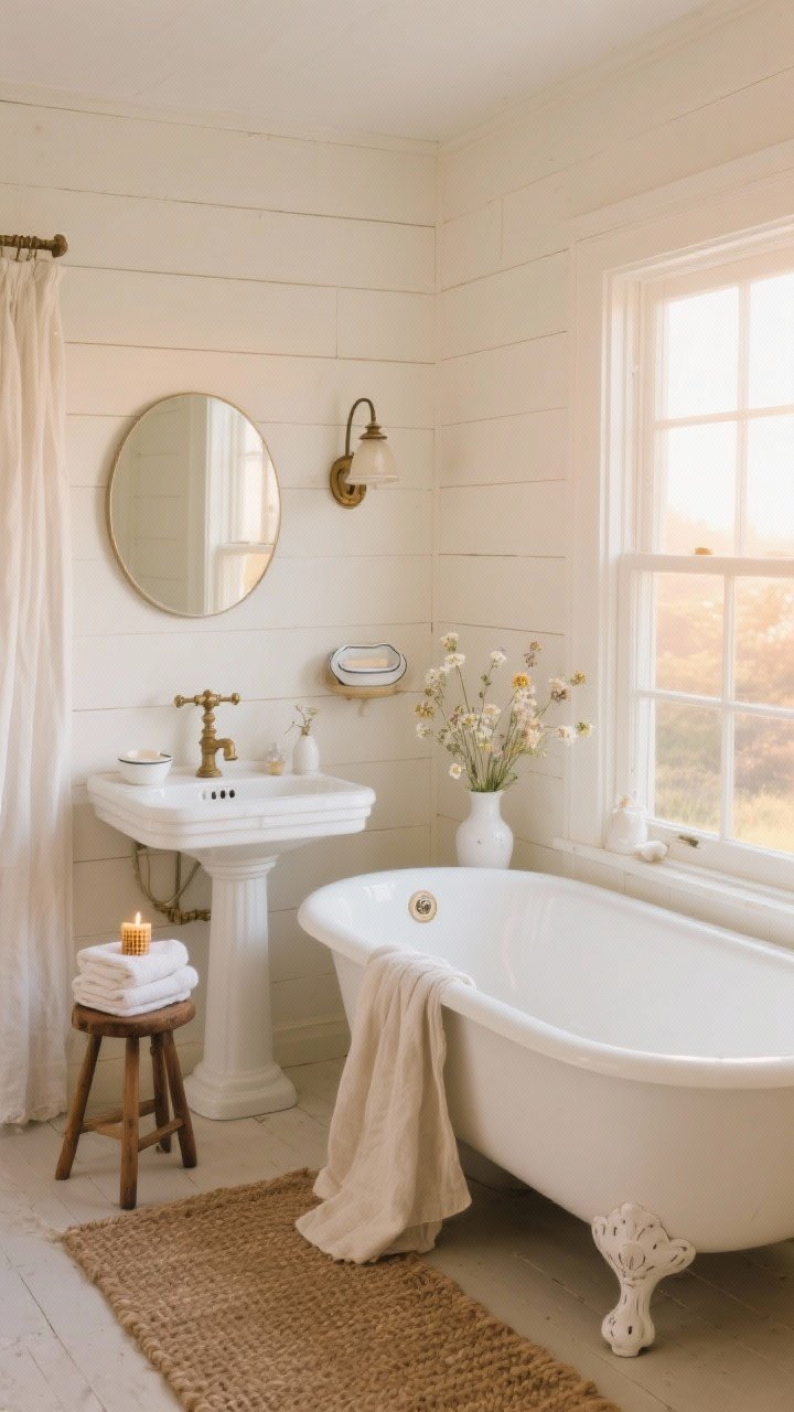 Photorealistic wide shot of a cottagecore bathroom at sunrise with creamy whitewashed shiplap walls, a centered vintage white clawfoot tub beneath a small window casting gentle morning light, a classic white pedestal sink, antique brass fixtures, and a schoolhouse sconce over a simple round mirror; include a soft linen shower curtain puddling at the floor, a woven jute rug, an enamel soap dish, white ceramic accessories, delicate wildflowers in a bud vase, a small wooden stool holding folded towels and a beeswax candle; color palette: cream, white, pale oat; mood: airy, light-bouncing, quiet and serene; straight-on perspective.