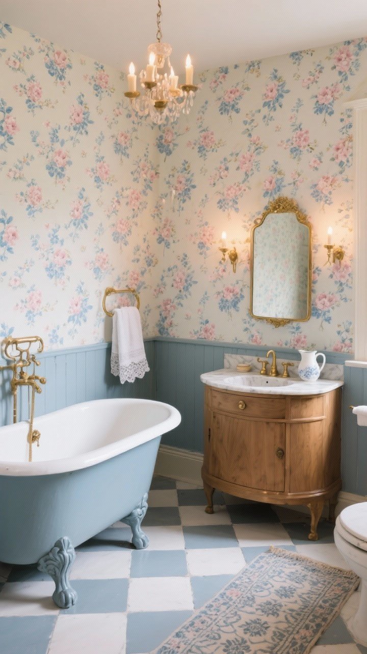 Photorealistic wide shot of a romantic cottage bathroom wrapped in vintage floral wallpaper with tiny rosy pink blossoms, cornflower blues, and buttercream tones; a painted clawfoot tub in muted dusty blue anchors the scene; include a curved wood vanity with a marble top, a petite gilded mirror, lace-trimmed hand towels, a porcelain pitcher, and a patterned runner on the floor; flooring as painted checkerboard or small white hex tile; lighting via a petite chandelier or candle-style sconces with warm glow; palette: dusty blue, blush, cream, gold accents; straight-on view.