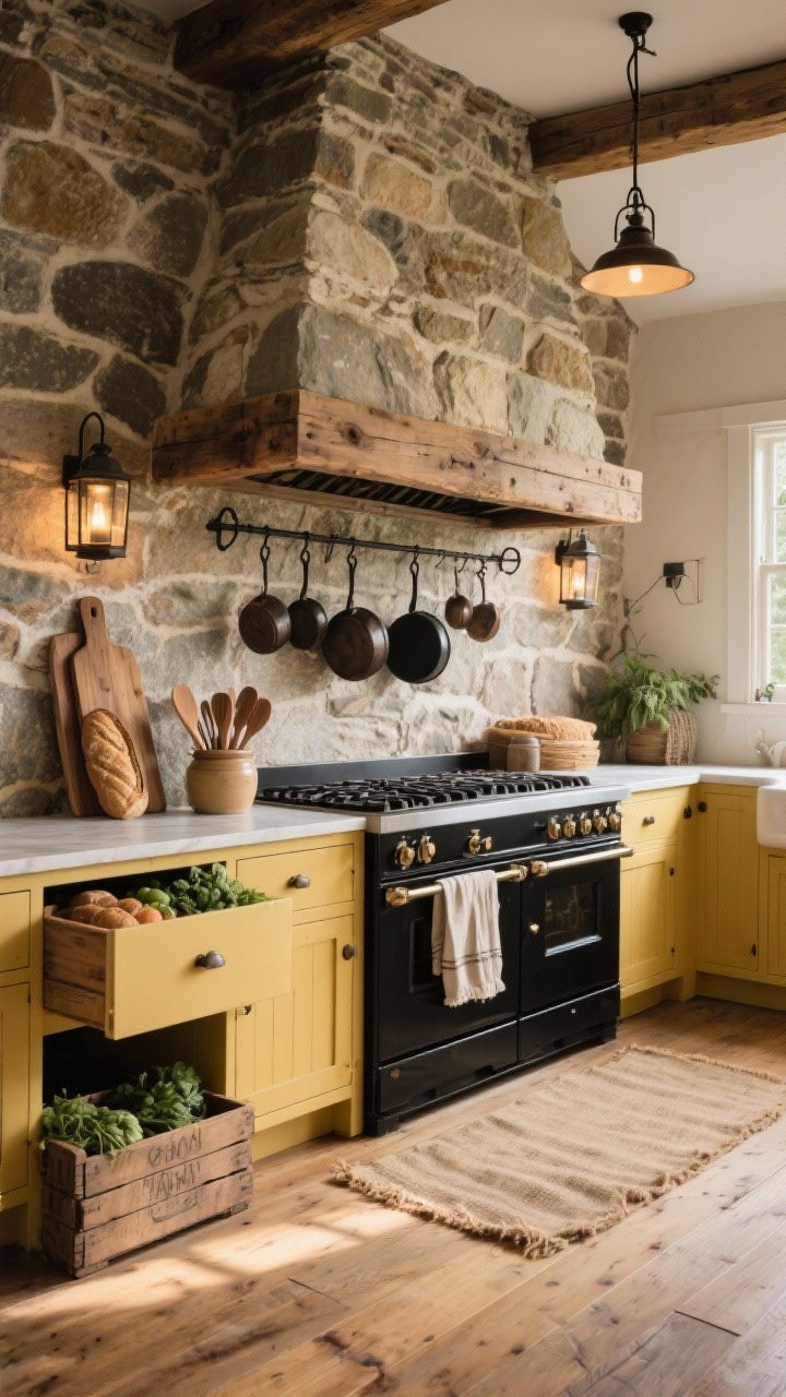 Photorealistic wide shot of a rustic farmhouse kitchen: exposed fieldstone walls, reclaimed oak beam hood over a matte black range, large apron-front sink; butter-yellow cabinets adding warmth; wide-plank oak floors with a gently timeworn finish; wrought-iron pot rack with cast-iron pans on iron hooks; crate-style produce drawers partially open; a lidded crock holding wooden utensils; grain-sack runner along the floor; antique bread boards leaning against stone; lantern-style sconces and a long iron linear pendant casting a rugged, romantic glow. Late-afternoon warm lighting.