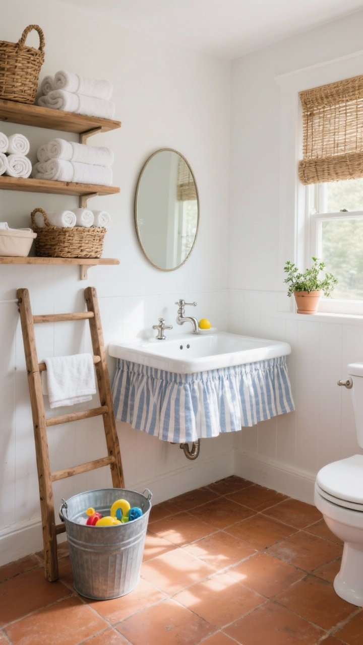 Photorealistic wide shot of a sunlit farmhouse washhouse bathroom with matte-sealed terracotta floor tiles and bright white walls; open pine shelving stacked with rolled towels and wicker baskets; a skirted sink with striped or gingham fabric panel and a simple oval mirror above; galvanized bucket by the sink for bath toys, a leaning wooden ladder for linens, and a small potted lemon thyme on the window sill; woven shades softly diffusing afternoon light; fixtures in polished nickel or chrome; palette: terracotta, white, soft blue stripe; corner perspective emphasizing warm sunlight.