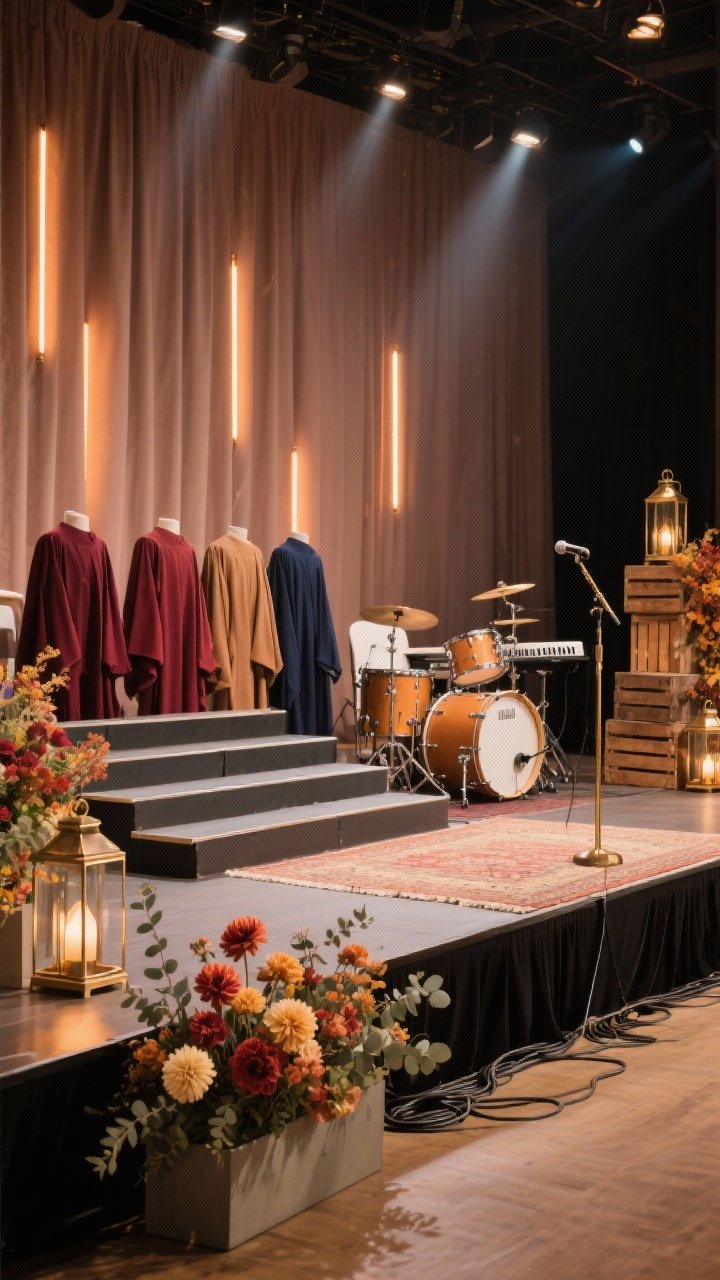 Stage-wide concert setup from audience perspective. Backdrop of soft warm taupe drapery with vertical light bars casting a gentle amber wash. Choir risers styled (no people present) with garments implied via neatly arranged color swatches or folded robes in burgundy, navy, camel, and ivory on chairs for cohesion. Low florals along stage edge: dahlias, mums, and eucalyptus in streamlined rectangular planters. Instrument zones defined by rugs under drum kit and keys. Side vignettes: tall lanterns, stacked wooden crates with seasonal foliage. Subtle metallic accents: brushed brass mic stands and tidy cable covers. Layered, cinematic, celebratory lighting; photorealistic; no people.