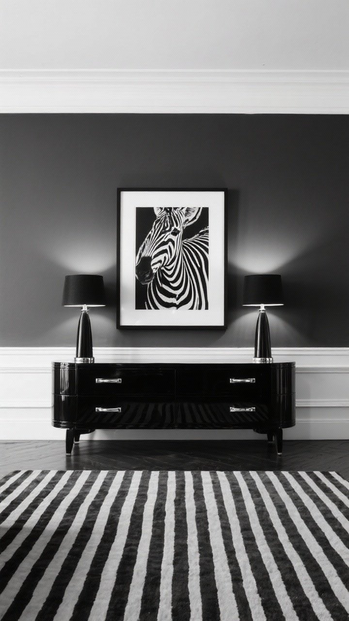 Straight-on dramatic monochrome shot: lower third of wall painted charcoal with sharp white above, applied molding adding depth; lacquered black console with sleek chrome handles; pair of symmetrical black lamps on either side, oversized black-and-white print centered above; zebra or striped runner anchoring the scene; high-contrast, high-fashion lighting.