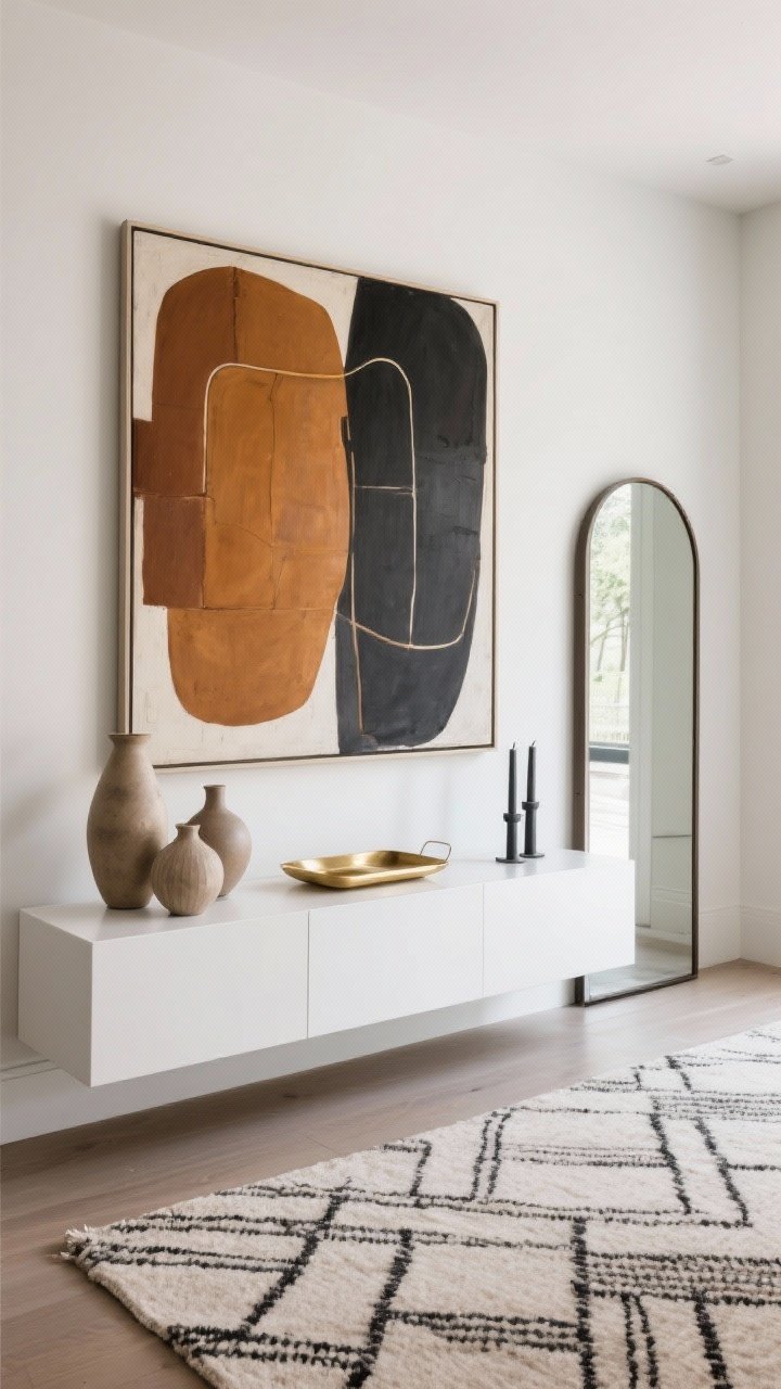Straight-on, gallery-like wide shot: floating white console beneath a large abstract art piece in caramel, ochre, and charcoal; flatweave rug with subtle modern pattern; console styled with sculptural ceramic vases, a brushed gold tray, and graphite taper candles; sleek arched mirror to one side reflecting light; crisp, modern, balanced composition.