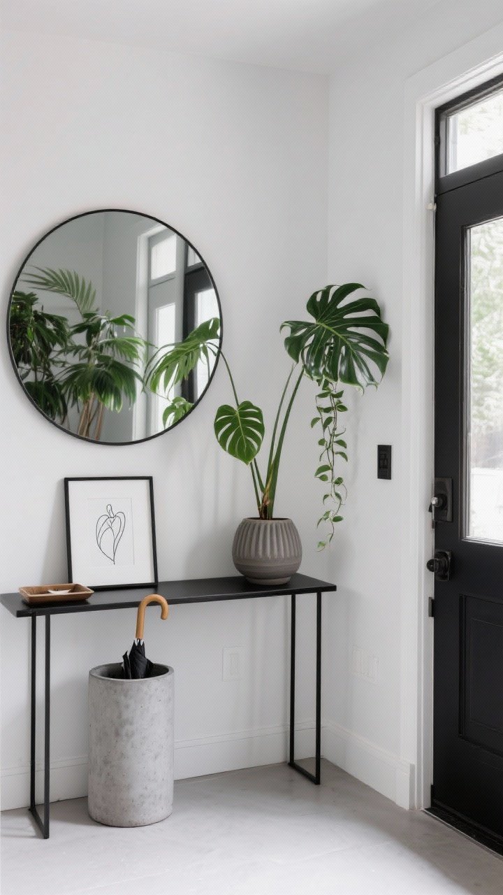 Straight-on medium shot, minimalist entryway with architectural greenery: slim black metal console under a large round mirror; concrete-look umbrella stand; surfaces clean with a small catchall tray; framed line drawing leaning or hung; structured ZZ Plant on the console in a matte ceramic; tall Parlor Palm flanking the door in a ribbed ceramic planter; wall-mounted pot with a Heartleaf Philodendron draping; palette of black, white, cool gray, hint of olive; crisp daylight from side window, sharp lines and negative space, photorealistic.