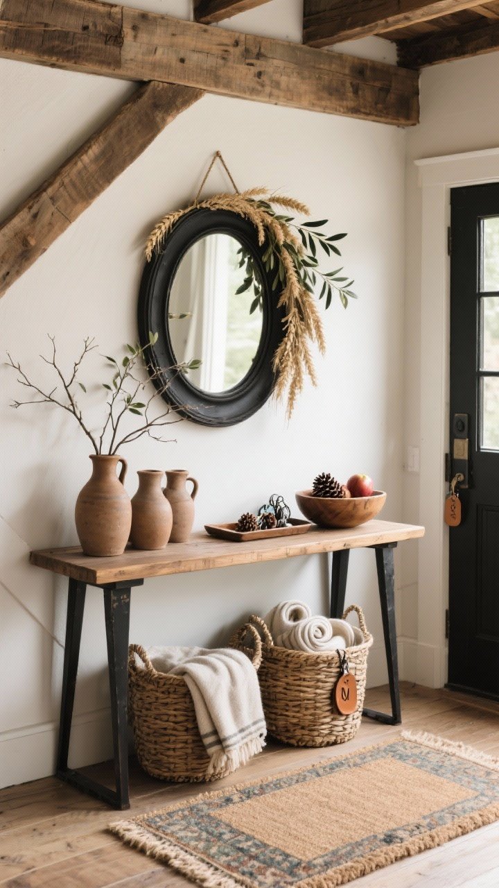 Straight-on medium shot of a rustic barn-style entryway: slim console with reclaimed wood top and black metal legs, round black-framed mirror above draped with a slim garland of dried wheat and olive branches; on the table, grouped clay jugs with branches, a wooden bowl of pinecones and apples, and a tray for keys with monogrammed leather tags; underneath, two woven baskets with rolled blankets; floor anchored by a jute doormat layered over a vintage rug runner; soft natural light.