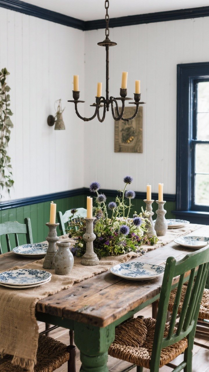 Straight-on medium shot: Salt & Thistle dining room with salt-white walls, inky blue-black trim, and thistle-green accents; oversized reclaimed wood table with spindle-back chairs and a long grain sack runner; cluster of stoneware candlesticks and a wild, low floral arrangement centerpiece; pressed thistles, ironstone plates, hand-braided rush seat details; iron candelabra pendant with beeswax tapers providing warm, tactile lighting.