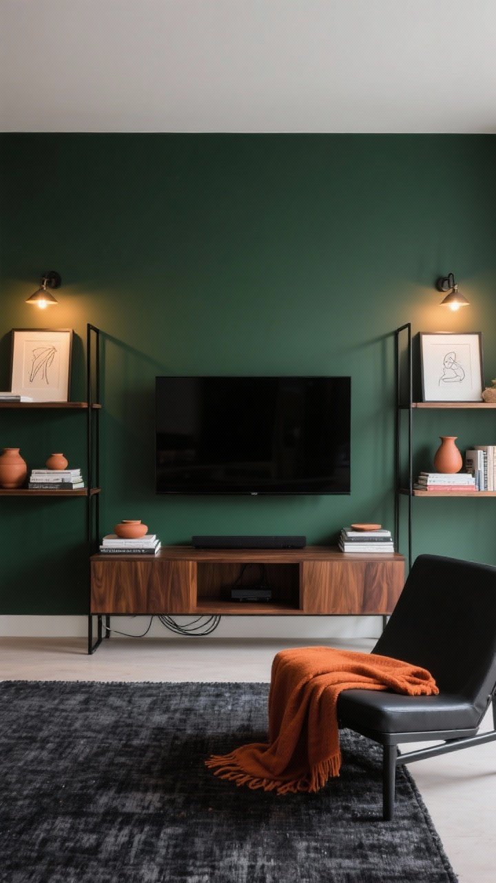 Straight-on medium-wide media wall: deep olive painted wall with a TV centered, flanked by slim black metal shelves styled like built-ins. Shelves hold terracotta vessels, stacks of design books, framed line drawings. Walnut low-slung console beneath the TV hides cords. Two adjustable picture lights above shelves with warm 2700K bulbs. Low-profile charcoal rug anchoring the area; a black lounge chair at edge of frame with a burnt-orange throw draped over it. Cinematic, cozy, photorealistic.