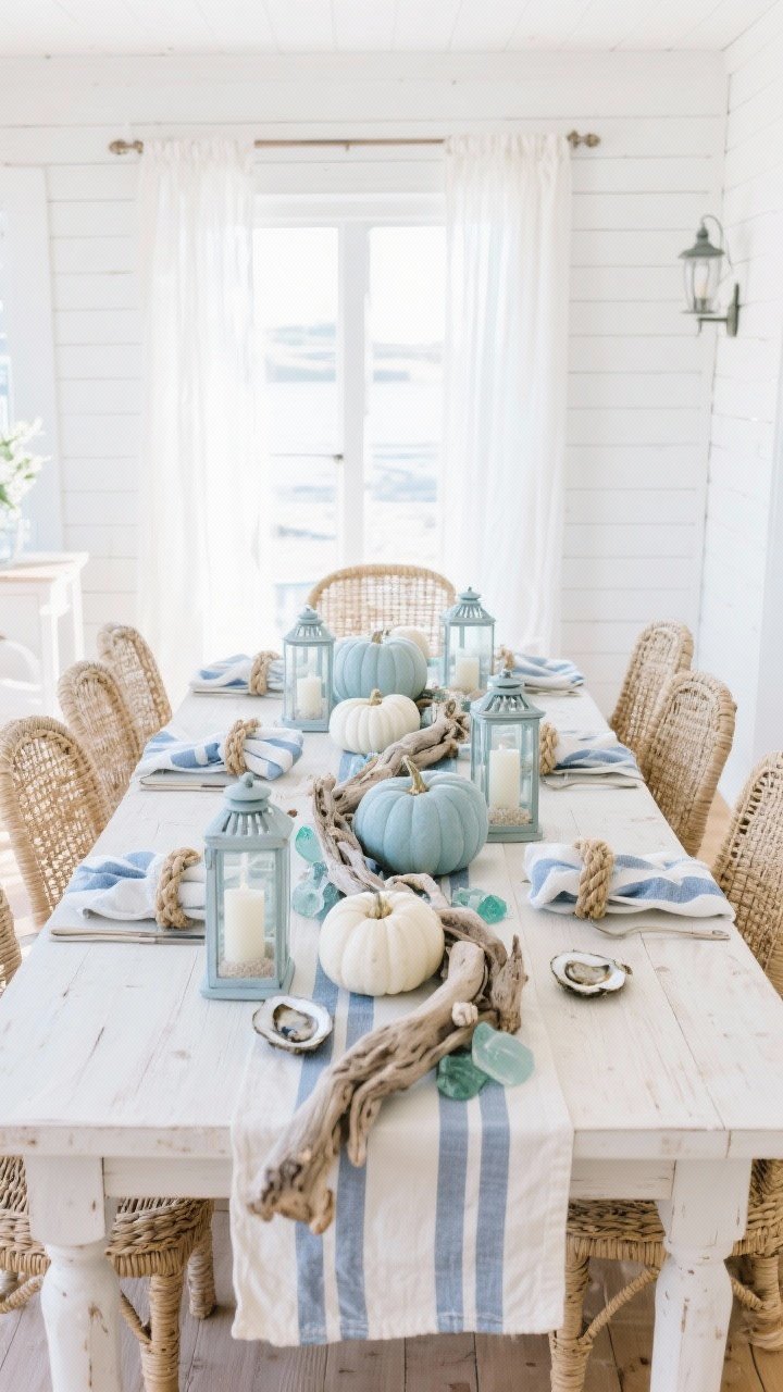 Wide, airy coastal dining shot: White shiplap walls, woven seagrass chairs, gauzy curtains, and a bleached wood table. A driftwood garland winds down the center, nestled with soft blue and white pumpkins, sea glass pieces, and oyster shells. Hurricane lanterns filled with sand and candles punctuate the arrangement. Rope napkin rings, a striped linen runner, and glass floats complete the scene. Sea salt white, soft blue, sandy beige palette, bright coastal daylight, photorealistic, no people.