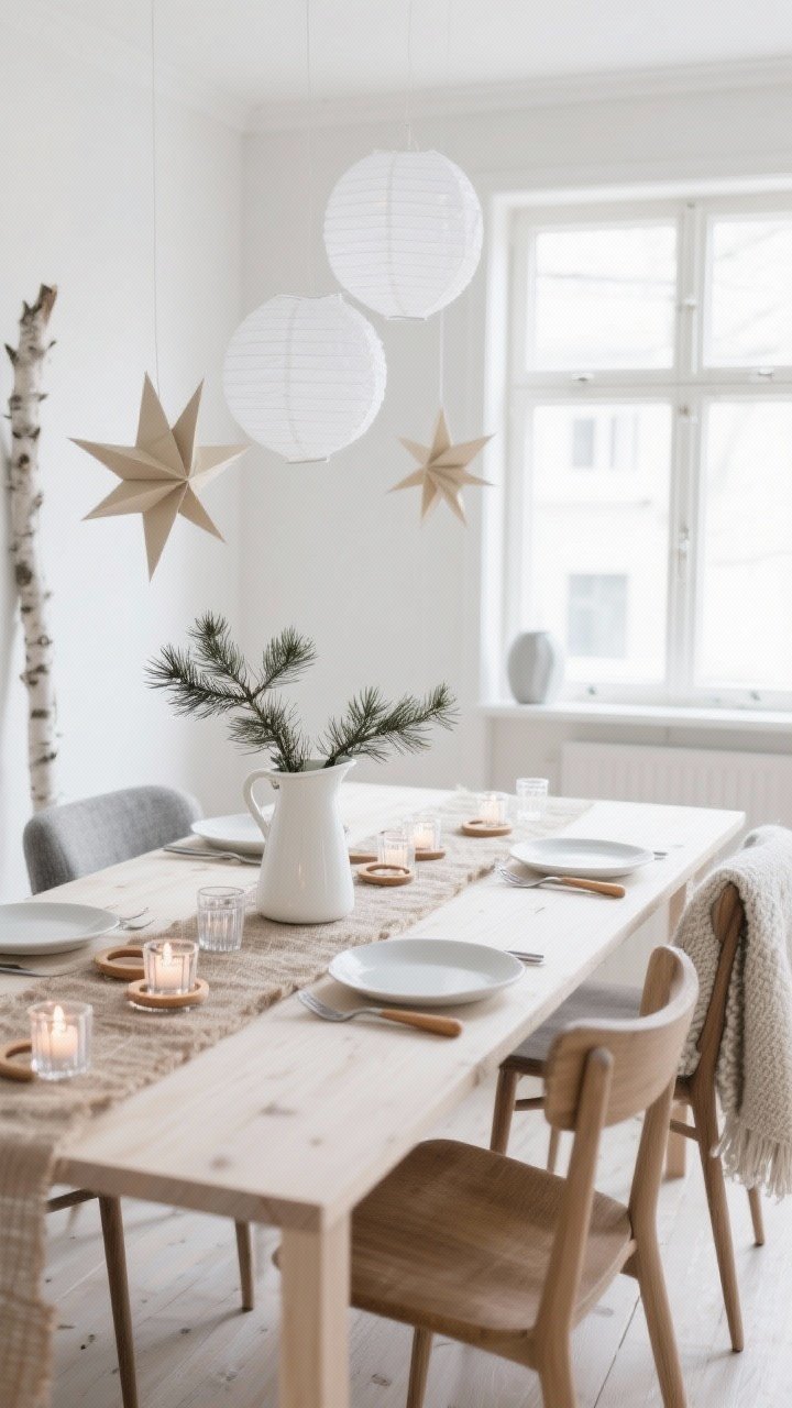 Wide, airy Scandinavian minimal dining scene: pale wood table with no tablecloth, a narrow flax runner scattered with tea lights in clear holders; palette of white, oat, and soft gray with birch and pine accents; simple cedar sprigs in a white ceramic pitcher, matte white plates, beech-handled utensils, linen napkins in wooden rings; paper star lanterns in the windows and wool chair throws; soft natural daylight for serene neutrality.