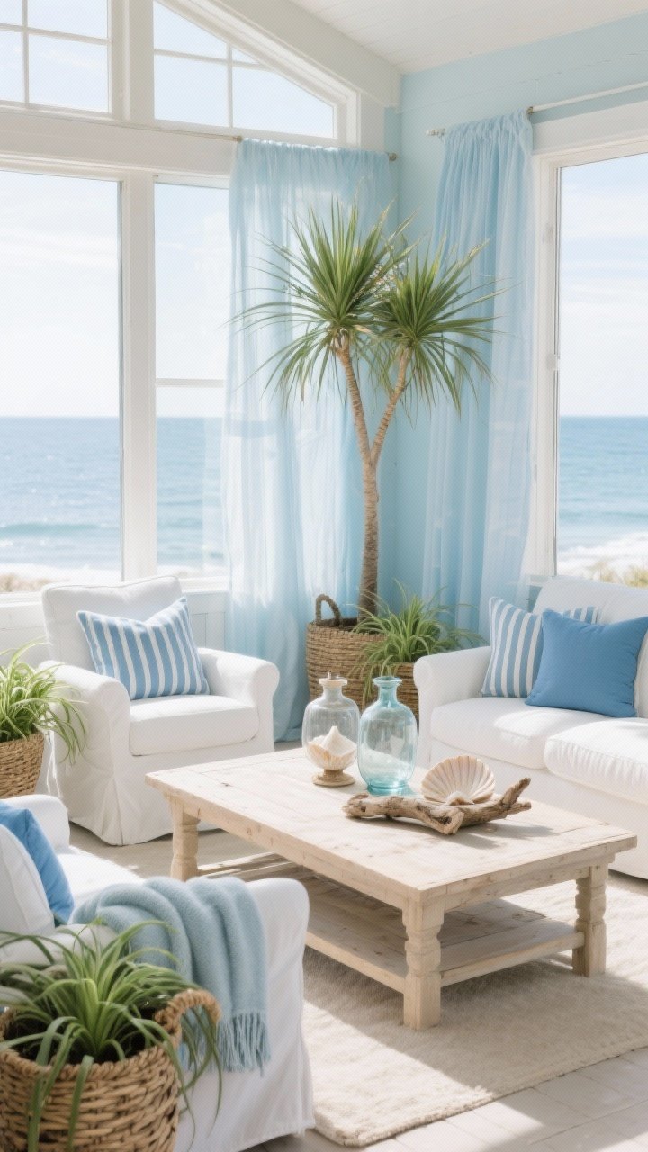 Wide, airy sunroom view: Coastal sunroom drenched in light with powder blue accents and white slipcovered chairs around a bleached wood coffee table; sheer linen curtains soften glare; sculptural Sago Palm and Dracaena Marginata as focal points, with woven baskets holding plush Spider Plants and Jade Plants along the edges; striped blue pillows, seashell-toned throws, glass hurricane vases, driftwood accents, and coastal photography; serene seaside breeze mood, photorealistic.