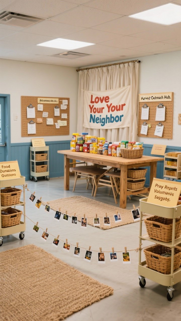 Wide-angle multipurpose room transformed into a “Harvest Outreach Hub.” Modular stations with clear signage: Food Donations, Prayer Requests, Volunteer Signups. Rolling carts and folding shelves with uniform baskets for a tidy look. Palette: mustard, rust, denim blue, natural wood. Pegboards with clipboards and labels; a cork wall pinned with community thank-you notes. Centerpiece: large farm table stacked neatly with pantry staples as a visual altar of generosity. Muslin drapes backdrop with a painted “Love Your Neighbor” banner. Jute rugs zoned under each area. Gratitude polaroid line strung on twine with mini clothespins. Functional, organized, purpose-filled; photorealistic; no people.