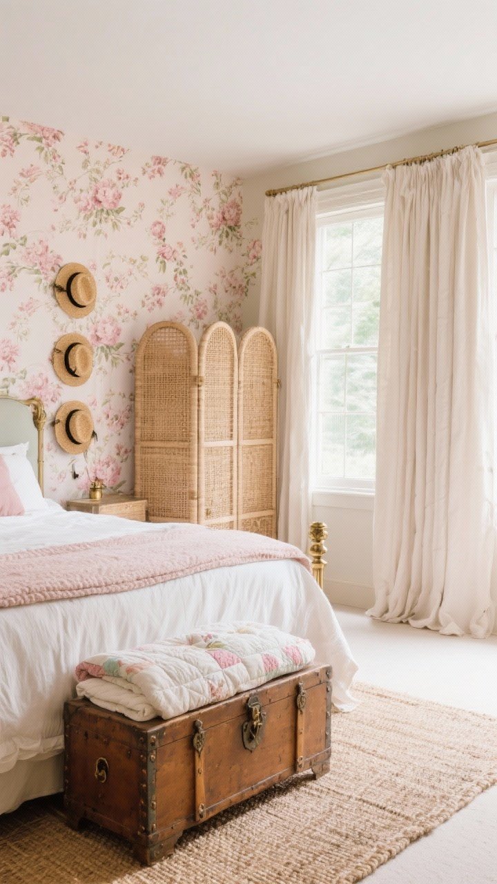 Wide bedroom shot from a corner angle: soft rose and cream palette with floral wallpaper behind a wall of freestanding cane-front wardrobes; at the foot of the bed a vintage blanket chest for quilts; trio of hat pegs displaying straw boaters like art; linen curtains puddling onto a natural jute rug; antique brass accents; romantic, breathable, neatly tucked-away vibe; soft diffused daylight.
