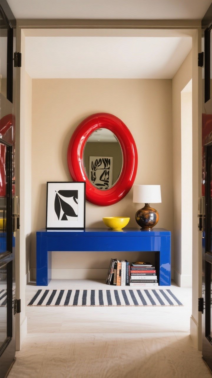 Wide, bold color pop entry: a high-gloss red mirror centered over a cobalt lacquered console against warm neutral chai-latte walls. Style with graphic black-and-white art leaning on the console, a striped runner, a glossy ceramic lamp, a lemon-yellow bowl, and stacked fashion books. Balance bolds with ample negative space. Bright, even lighting that enhances lacquer reflections.