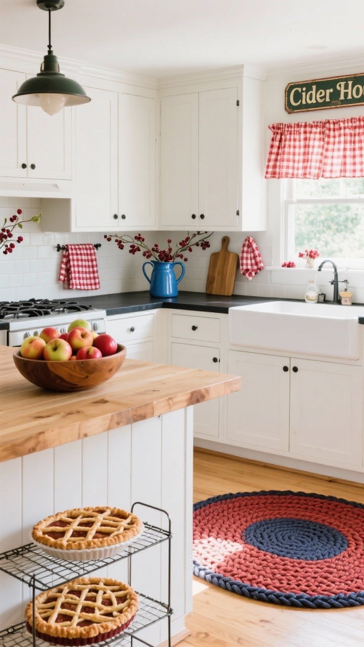 Wide, cheerful Apple Orchard Americana kitchen: white cabinets, black countertops, natural wood accents; a large wooden bowl of freshly picked apples centered on the island; a “Cider House” vintage sign propped on the backsplash; red-and-white tea towels, gingham accents, and berry branches; blue enamelware pitcher; checkered cafe curtain; pie cooling rack with lattice crust pies; braided oval rug in cherry and navy; bright daylight.