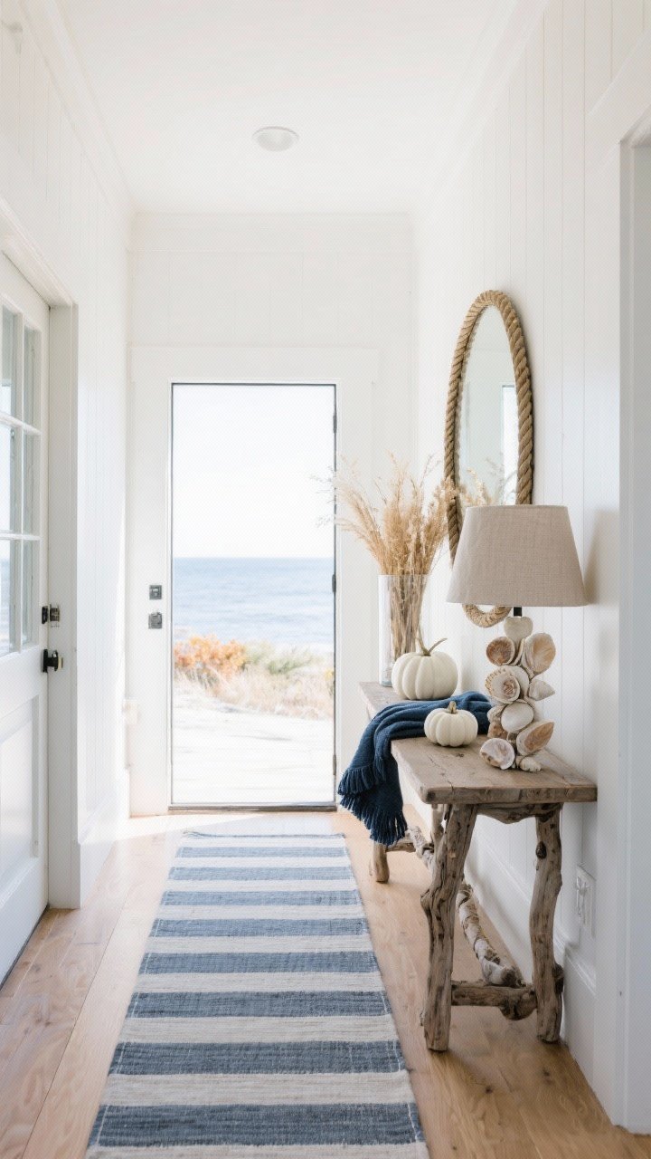 Wide coastal entry with sea-salt white walls, driftwood console, and a blue-gray striped runner; rope mirror above; glass cylinder filled with dried sea oats and white pumpkins swapped in for shells; sand-colored linen lamp and a neatly folded navy throw adding soft coastal warmth; bright, breezy natural light, serene fall mood.