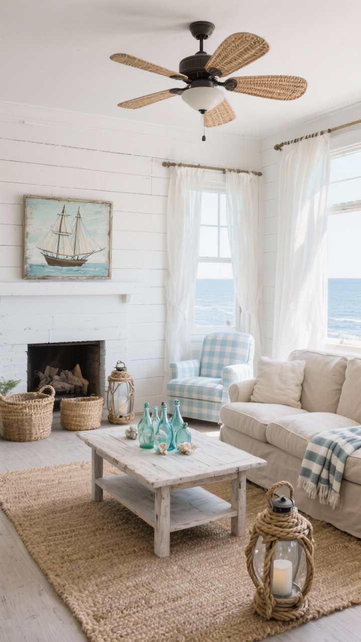 Wide coastal living room, photorealistic: Driftwood white walls with tongue-and-groove paneling halfway up, a slipcovered oatmeal linen sofa and a pale blue gingham chair, a bleached wood coffee table with a cluster of sea glass bottles, simple ship painting in a weathered frame above the mantel, seagrass baskets and a flatwoven jute rug, rope-handled lanterns and a striped throw accenting the space, gauzy white curtains billowing at open windows, ceiling fan with wicker blades spinning gently, soft airy daylight with a sea-breeze feel, no people.