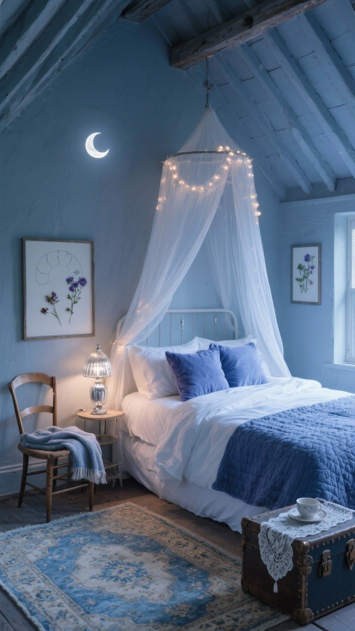 Wide corner view, Moonlit Cottage Attic at dusk: misty blue-gray sloped walls and eaves, simple bed draped with a gauzy canopy from a ceiling ring; crisp white percale sheets, thistle-blue quilt, soft velvet pillows; string lights tucked beneath the canopy, mercury-glass bedside lamp casting a gentle glow; small Windsor chair with a folded throw by the eaves; vintage Persian rug in washed blues and creams; moon phases print and pressed flowers in floating frames; antique trunk with a lace runner for bedtime tea. Photorealistic, airy, romantic, slightly ethereal.