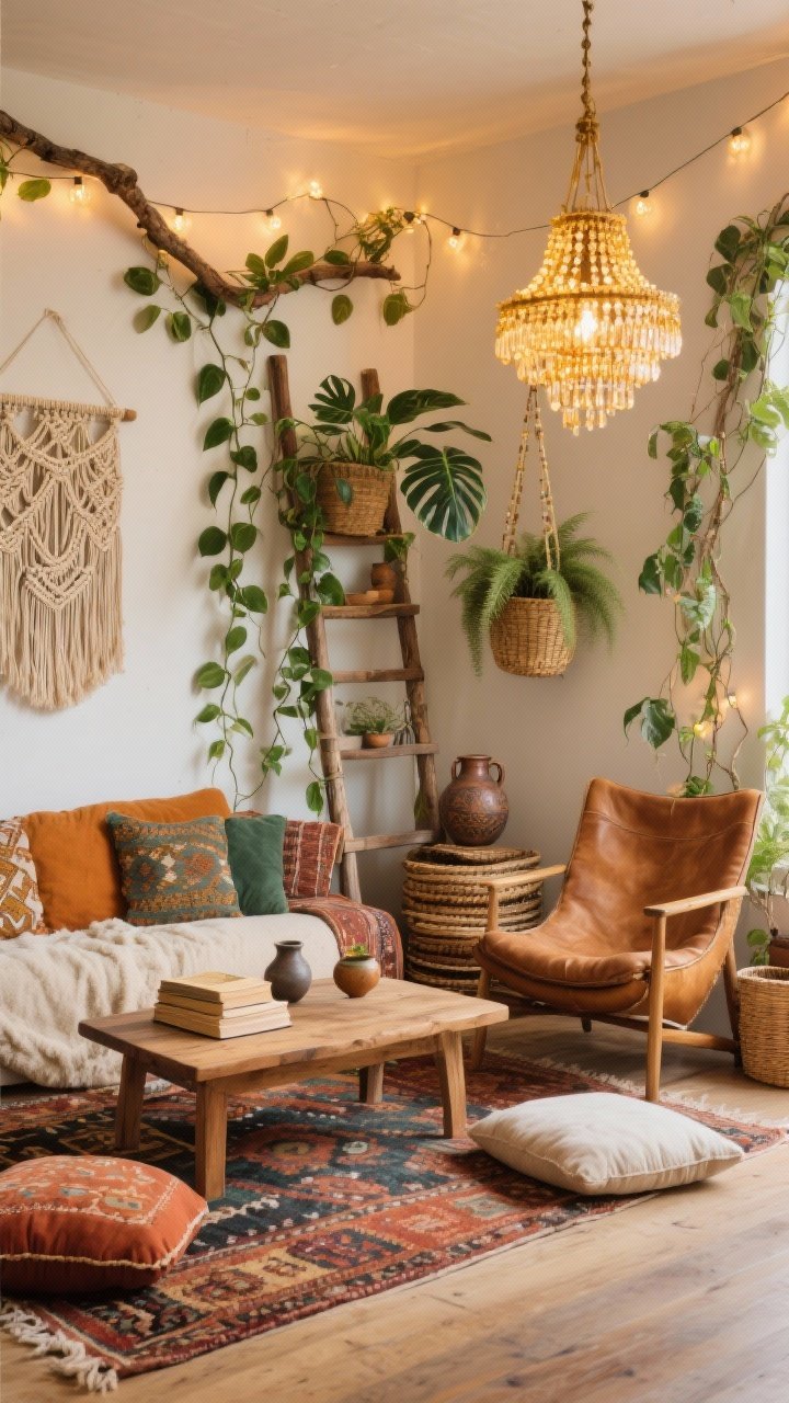 Wide, cozy boho reading lounge with layered vines: floor cushions around a low mango-wood table, vintage kilim rug, and a sink-in camel leather chair; Golden Pothos weaving along a wall-mounted branch, Heartleaf Philodendron cascading from a ladder shelf, fluffy Boston Fern in a hanging basket; palette of rust, ochre, emerald, cream; macramé wall art, stacked baskets, artisanal pottery; warm string lights and a beaded chandelier casting a golden glow; photorealistic, no people