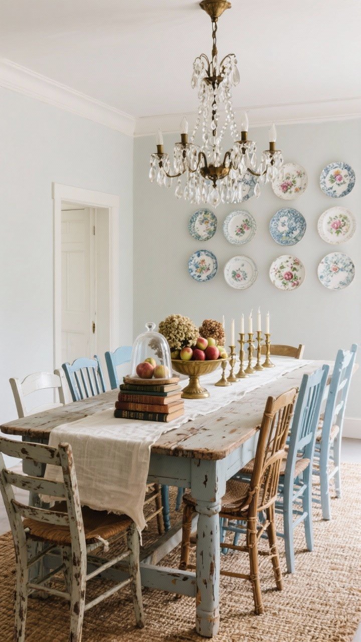 Wide dining room shot from a corner angle: rustic table with age-worn nicks and scratches, surrounded by a mix of thrifted chairs—ladder-back, spindle, cane—painted in weathered whites and muted French blues for a collected feel; stonewashed linen runner down the table, footed compote piled with apples, row of tarnished brass candlesticks; above, a vintage chandelier dripping with crystal prisms sparkling gently; walls in soft putty paint with a plate wall of floral china; centerpiece stack of antique books topped with a glass cloche and dried hydrangeas; sisal rug anchoring the scene; palette weathered white, French blue, flax linen, tarnished brass; photorealistic, lived-in, no people.