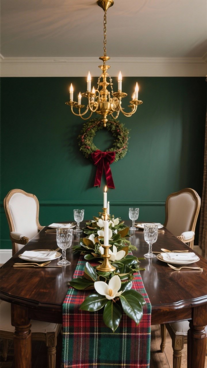 Wide dining scene, symmetrical composition: A traditional dark wood dining table centered under a polished brass chandelier set slightly lower to frame faces; tabletop styled with a tartan runner, white taper candles in brass holders, and a low garland of glossy magnolia leaves; crystal stemware and polished flatware sparkle subtly; two classic wingback chairs at the table ends; a wreath with velvet ribbon hanging on the wall behind; color palette deep greens, cranberry, brass, crisp white; warm chandelier light, photorealistic.