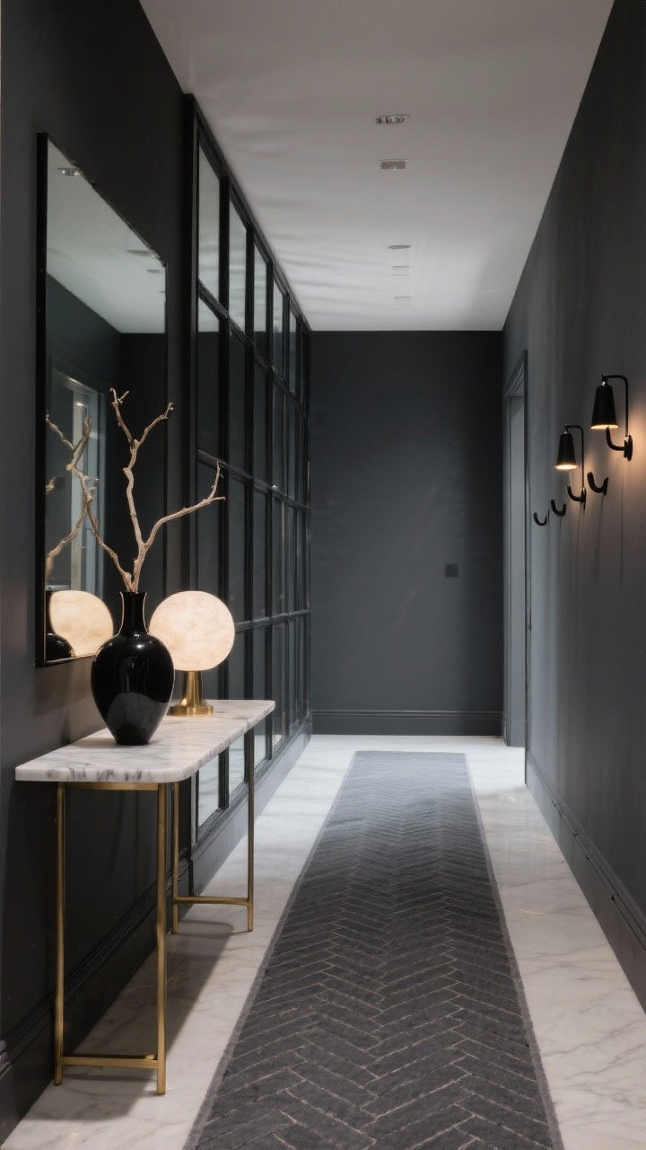 Wide, dramatic hallway shot: a floor-to-ceiling black-framed mirror panel lining one wall, deep charcoal painted walls, and a narrow marble-top console with thin brass legs. A sculptural black vase with a single branch and a round alabaster lamp sit on the console. A charcoal herringbone runner underfoot, matte black hooks discreetly to the side. Warm 2700K bulbs soften the depth. Color palette: charcoal, black, brass, ivory.