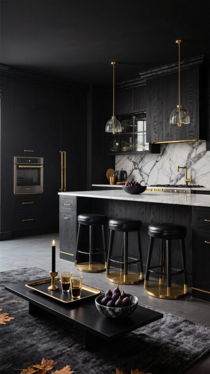 Wide dramatic shot of a sophisticated black-and-gold autumn kitchen: inky black island or accent wall; brushed gold hardware; smoked glass accents; dark wood elements; Calacatta-look quartz backsplash with bold veining; black leather stools with gold footrests; long black tray styled with gold-rimmed tumblers, dark plums, and a single black taper in a brass holder; marble bowl with black mission figs; charcoal rug; moody, high-contrast lighting.