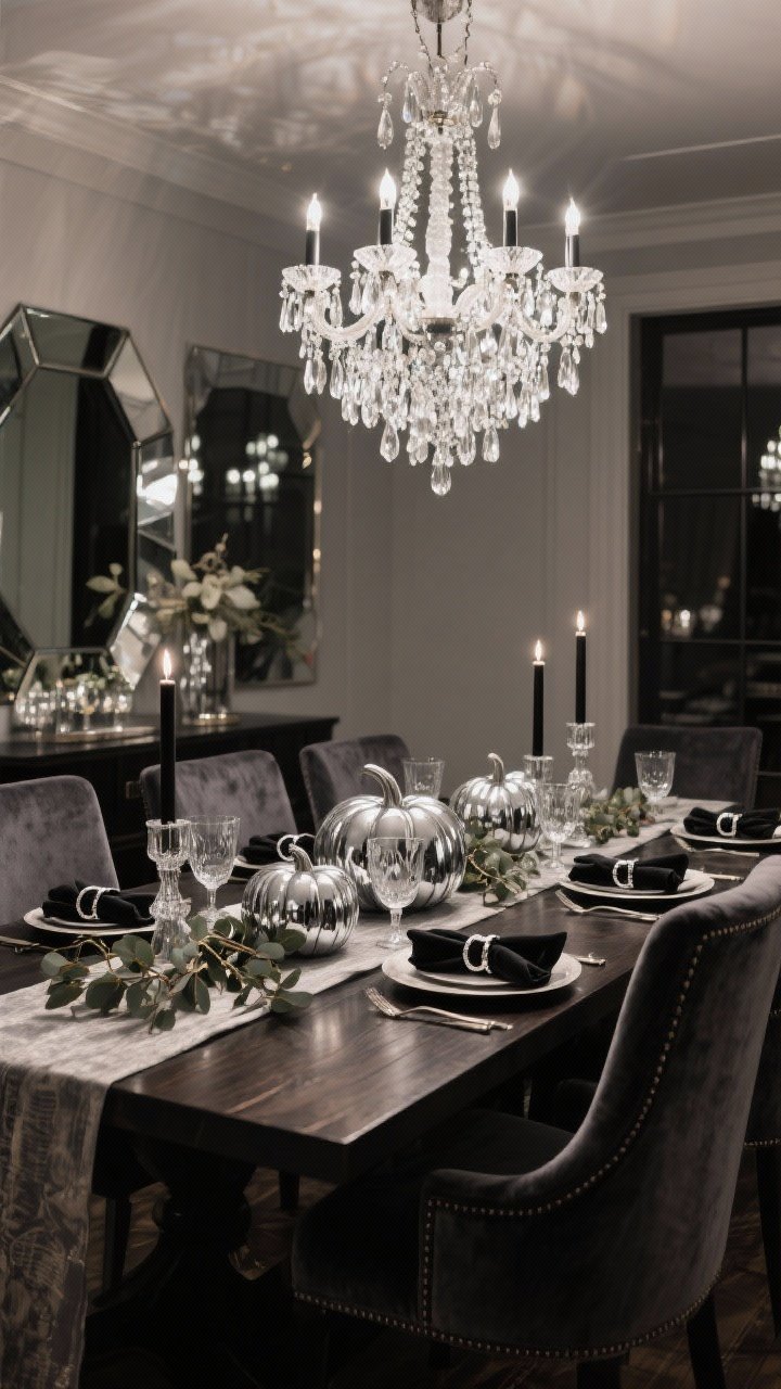 Wide, evening dining shot: Glam dining room with a dark wood table, charcoal velvet dining chairs, and a cascading crystal chandelier sparkling above. A beveled mirror runner reflects a centerpiece of mercury glass and mirrored pumpkins. Crystal taper holders with black candles, silver eucalyptus stems woven through. Cut-crystal glassware and velvet napkins with silver rings at place settings. Palette charcoal, silver, greige, black. Dramatic evening glow with chandelier reflections, photorealistic, no people.