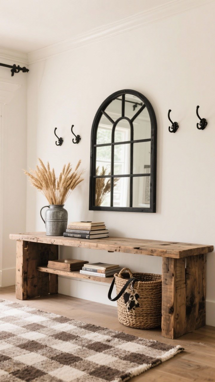 Wide farmhouse scene: a black windowpane mirror over a substantial reclaimed wood console on warm white walls. Oversized matte black iron hooks line the wall. Style with a galvanized vase of dried wheat, a stack of coffee table books, and a woven bin for dog leashes. A buffalo check rug anchors the look. Color palette: warm white, black, natural oak, taupe. Soft daylight, slightly rustic textures.
