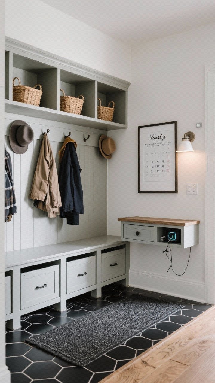 Wide functional mudroom-style nook: wall of cubbies with closed lower drawers and open upper shelves holding hats and baskets; durable black hex tile floor, water-resistant runner; shaker pegs lined with coats; framed family calendar on the wall, a console drawer slightly open revealing a charging station; motion-sensor sconce ready to glow; organized, practical vibe.