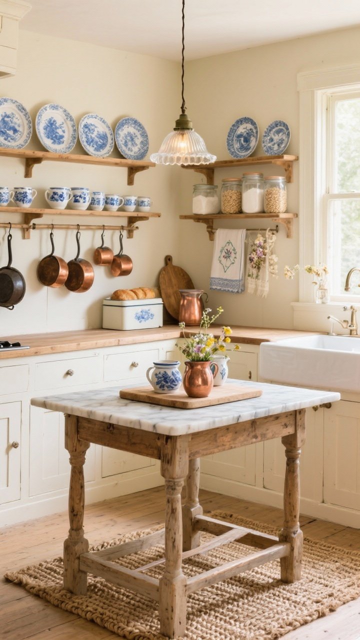 Wide kitchen shot, buttercream cottagecore kitchen bathed in soft morning light: buttery cream cabinets, warm worn wood countertops, vintage farmhouse table used as an island with a thrifted marble pastry board on top and a cluster of mismatched ironstone pitchers; open shelves displaying transferware plates, blue-and-white teacups, and glass jars filled with flour, oats, and dried flowers; copper pots hanging on a simple peg rail with natural patina; enamel bread box, cast-iron skillets, embroidered tea towels; retro milk-glass pendant over the sink glowing warmly; braided jute runner on the floor and a tiny vase of wildflowers; palette of buttercream, honeyed wood, aged copper, cornflower blue; photorealistic, inviting, no people.