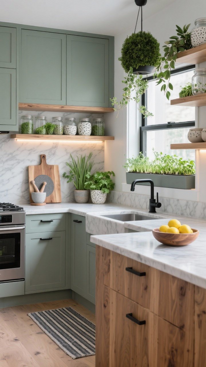 Wide kitchen shot, Contemporary Kitchen Shelfscape With Edible Greens: flat-front cabinets in matte sage/soft gray, quartz counters, warm oak island with a subtle striped runner on the floor; open shelves styled with glass jars, speckled ceramics, and clusters of potted herbs (parsley, chives, oregano); windowsill trough planter packed with microgreens; rosemary topiary, trailing oregano, and compact bay laurel included; black hardware pulls, pull-down faucet, and under-shelf LED strips glowing; functional styling with a wooden board propped as art, mortar and pestle, and a bowl of lemons; palette sage, gray, oak, matte black; clean modern lines softened by greenery, shot from a corner angle to show shelves and island.