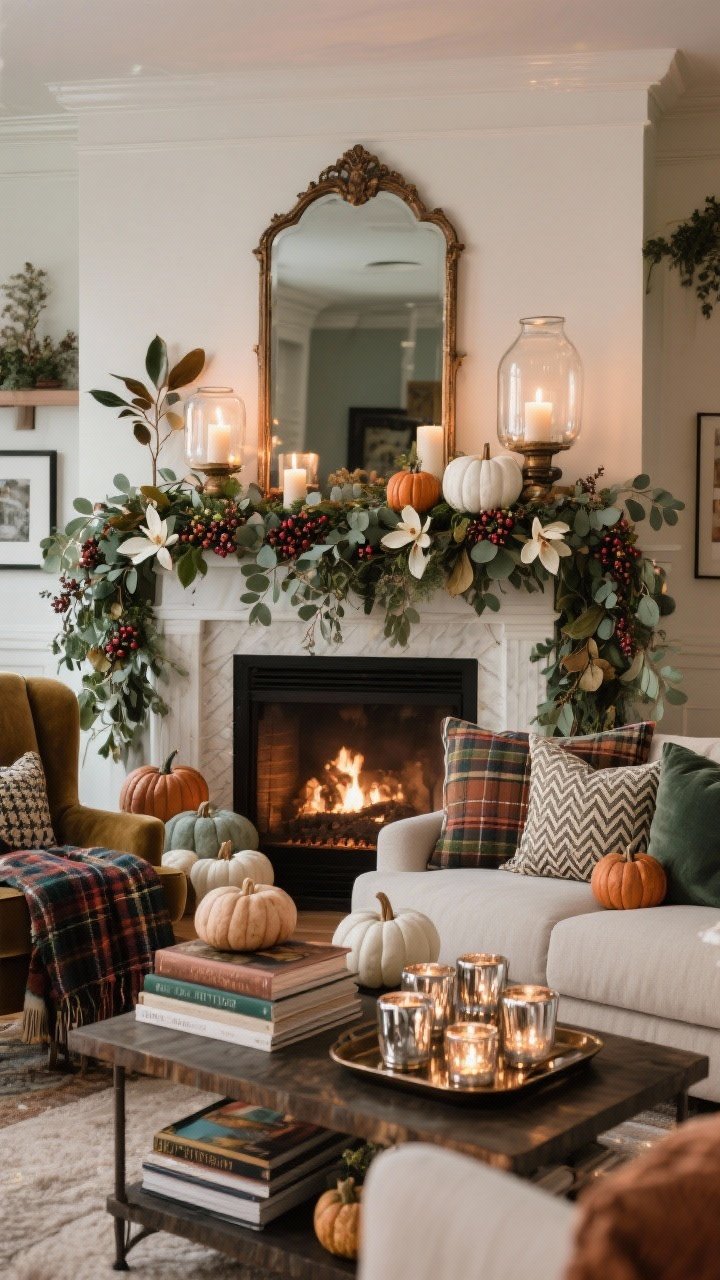 Wide living room focused on a maximalist mantel: lush garland of eucalyptus, magnolia leaves, and berry sprigs across the mantel; oversized hurricanes with chunky candles; mini pumpkins in white, sage, and copper tucked throughout; a large antique-style mirror above the mantel reflecting candlelight; coffee table with stacked art books and a tray of mercury glass votives; sofa with mixed patterned pillows—herringbone, plaid, velvet—and a tartan throw over an armchair; warm evening sparkle.