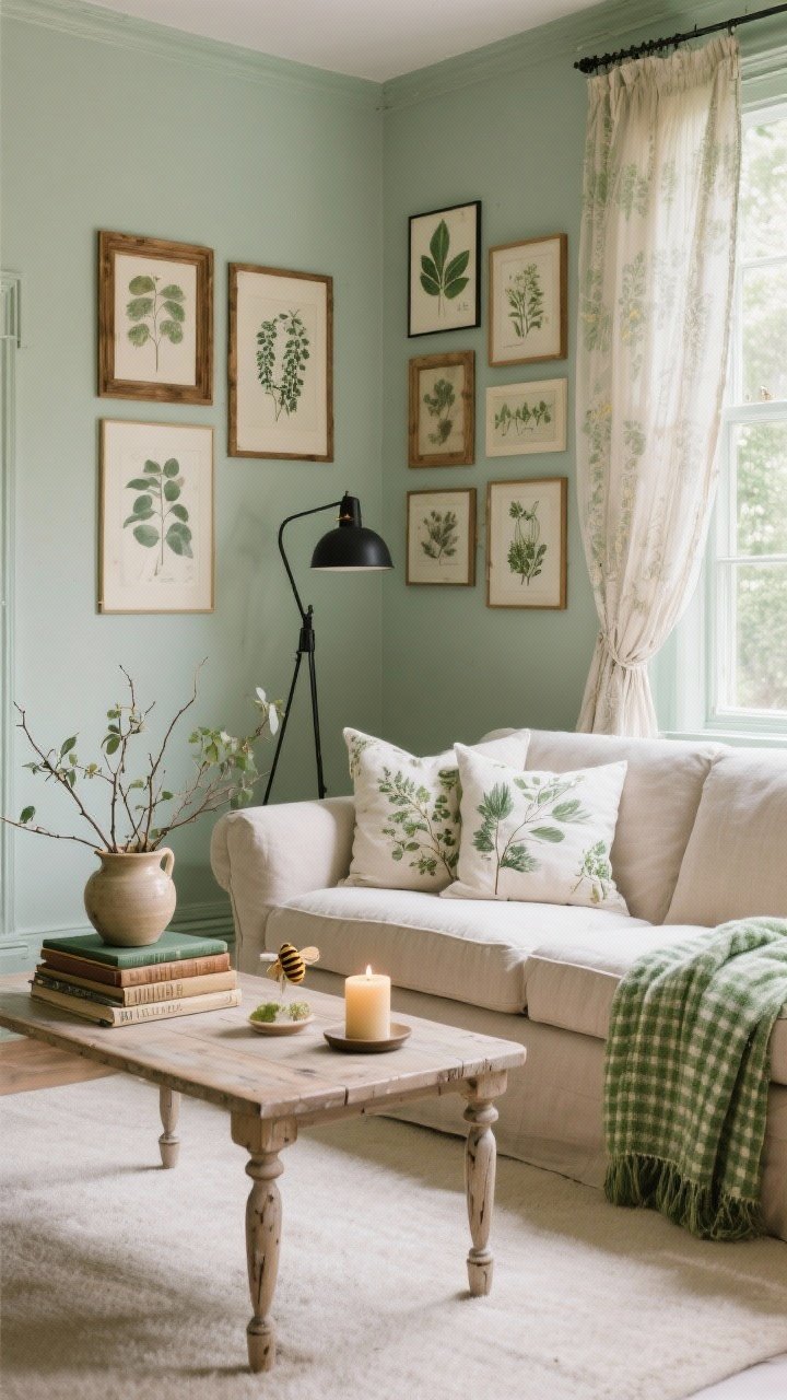 Wide living room shot, slight corner angle: A parlour-style living room painted in soft sage/misty eucalyptus, anchored by a clean-lined oatmeal linen sofa layered with embroidered botanical pillows and a thyme-green checkered throw. A spindle-leg coffee table with a slightly rustic finish holds a stack of vintage garden books, a ceramic pitcher filled with branches, and a beeswax candle. Windows wear gauzy curtains that puddle subtly. A modern black metal floor lamp adds contrast. A gallery wall of botanical prints in mismatched wood frames creates collected charm. Daylight filters softly, cozy and inviting.
