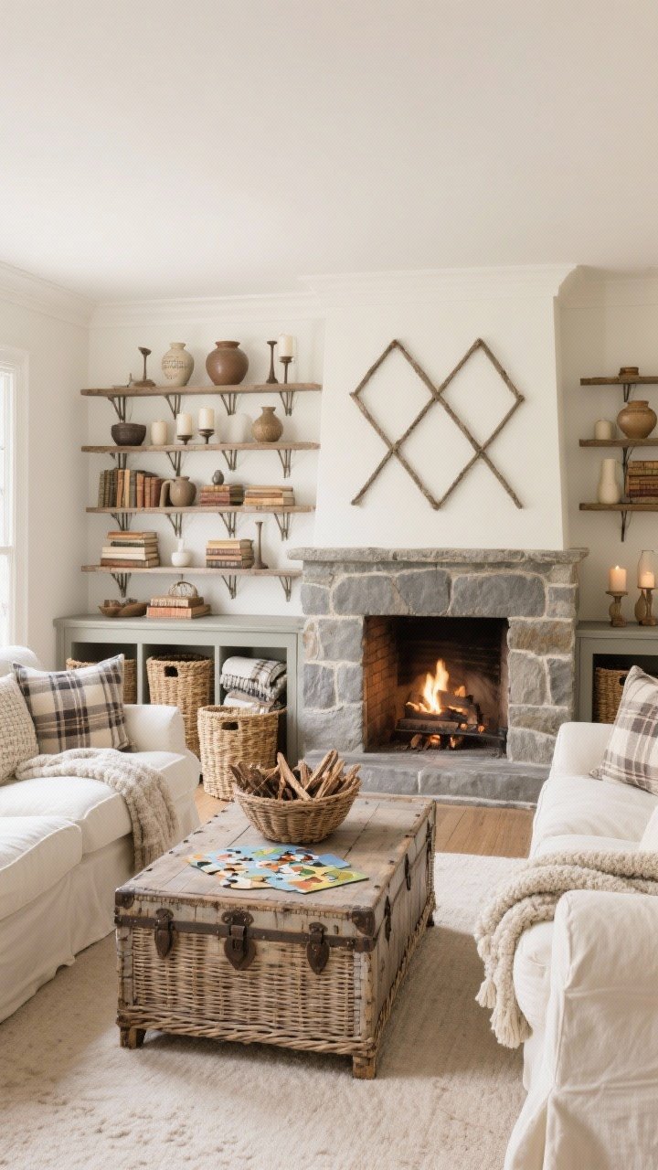 Wide living room shot with cream slipcovered sofas flanking a rattan coffee table; a weathered vintage trunk used as extra storage; wall of shallow trellis shelving displaying pottery, candleholders, and stacks of old books; under-console seagrass baskets hiding blankets and puzzles; chenille throw, plaid pillows, and a basket of kindling by a stone fireplace; palette of cream, peat, flax, hearthstone gray; warm fireside glow with cozy, fuss-free organization.