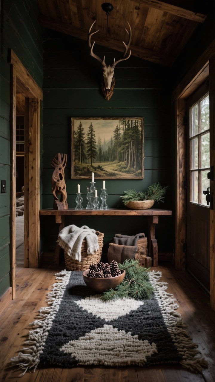 Wide, moody cabin entry with a dark olive wall, walnut console, and a chunky handwoven rug in charcoal and cream; large antique landscape print centered above; layered decor including antlers or wood carvings, a basket of wool blankets, smoky glass candleholders grouped on the console, and a bowl filled with pinecones and cedar sprigs; low, warm lighting for a deep, enveloping forest ambiance.