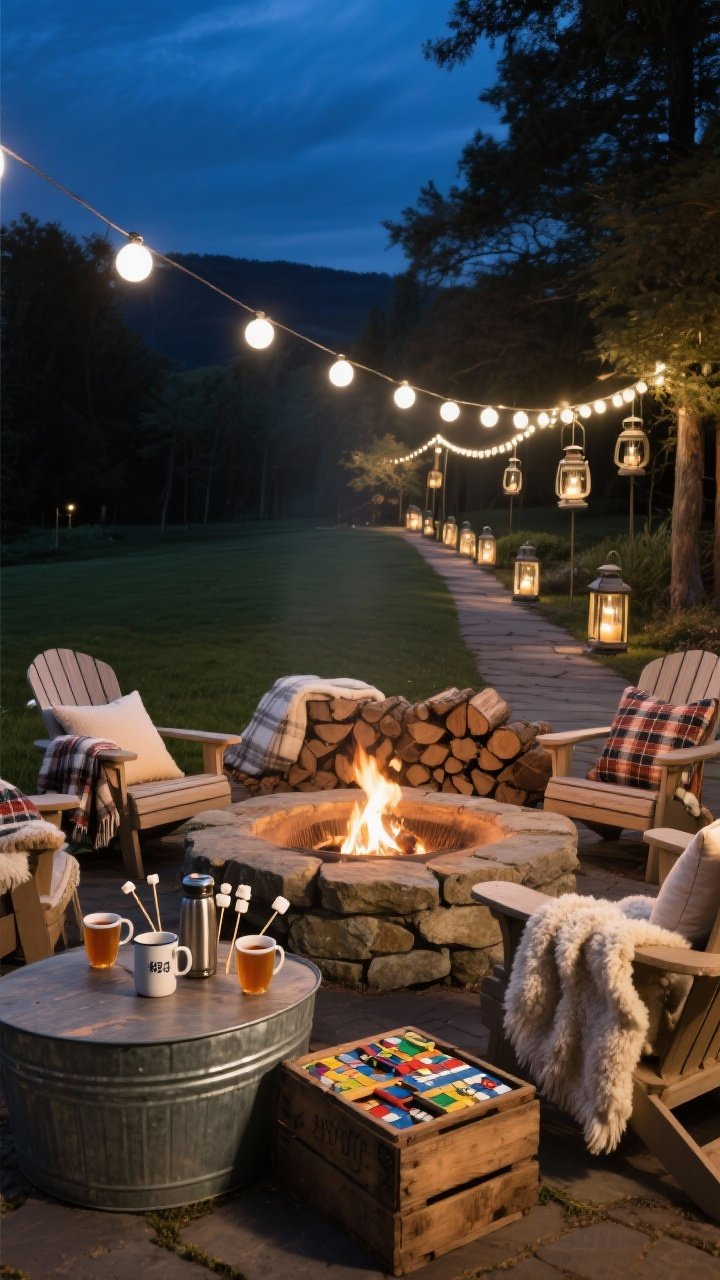 Wide outdoor evening firepit scene: stone firepit encircled by Adirondack chairs layered with shearling throws and plaid pillows; a low side table with enamel mugs, thermos jugs of hot cider, and marshmallow skewers; warm white globe lights strung overhead, lanterns lining the path; galvanized tub with blankets, wooden crate of board games, and a neat stack of chopped logs; rustic glow under night sky.